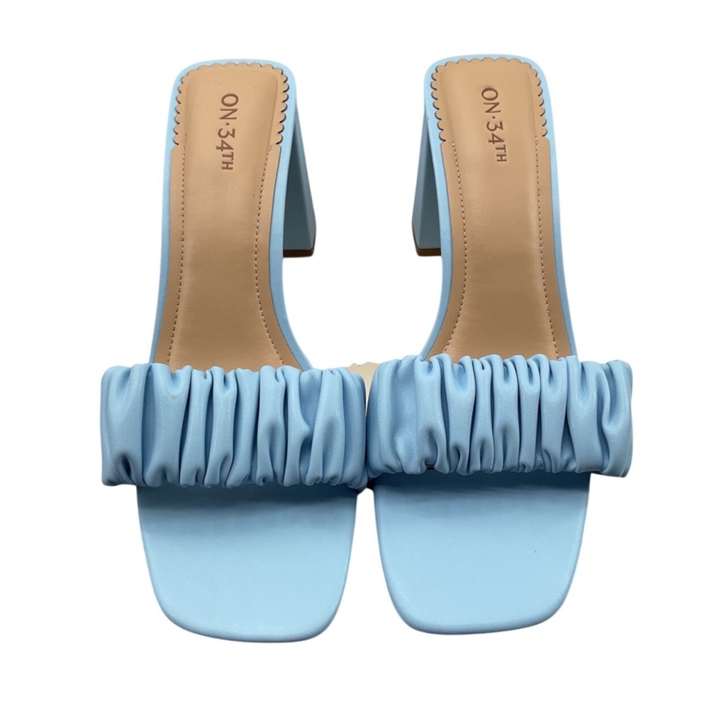 On 34th Sallieep Dress Blue Ruched Block Heel Sandals Square Toe Mules 9.5